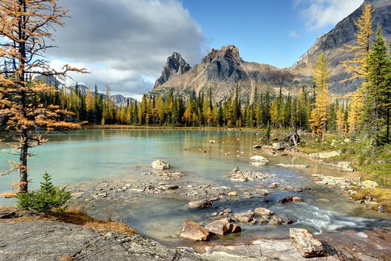 Mountain Lake Landscape — Blue, Serene, Autumn, Photograph, Trees, Rocks