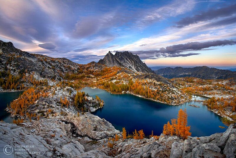 Mountain Lake Landscape — Blue, Serene, Autumn Sunset