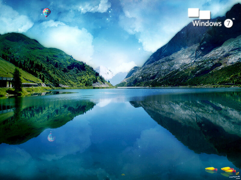 Mountain Lake Landscape — Blue, Serene, Morning, Digital Art, Hot Air Balloon, Reflection