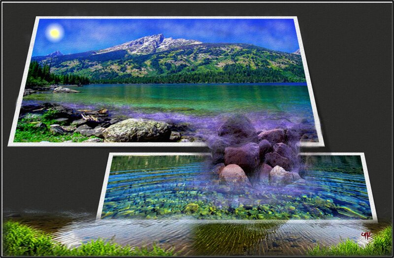 Mountain Lake Landscape — Blue, Serene, Morning, Digital Art, Rocks