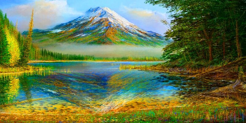 Mountain Lake Landscape — Blue, Serene, Morning, Painting, Forest