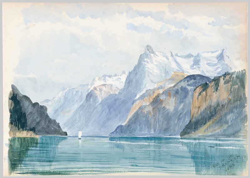 Mountain Lake Landscape — Blue, Serene, Morning, Painting, Mountains, Sailboat