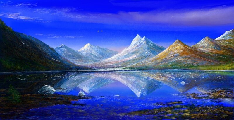 Mountain Lake Landscape — Blue, Serene, Morning, Painting, Mountains
