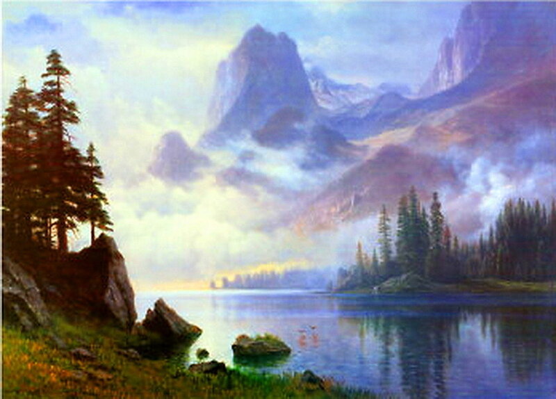 Mountain Lake Landscape — Blue, Serene, Morning, Painting