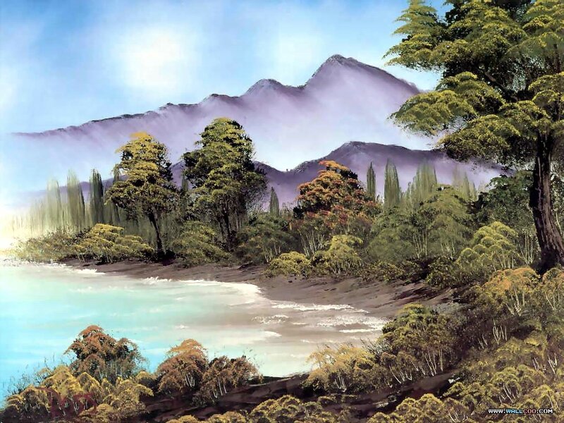 Mountain Lake Landscape — Blue, Serene, Morning, Painting, Trees, Mountains