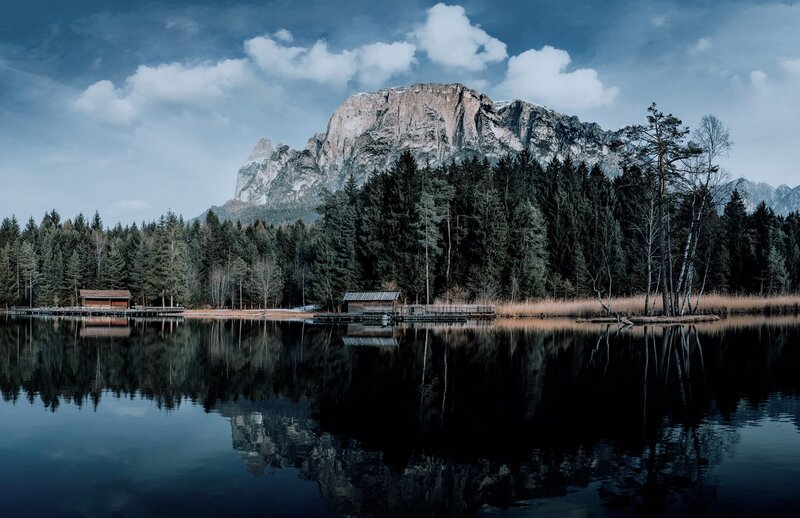 Mountain Lake Landscape — Blue, Serene, Morning, Photograph, Forest