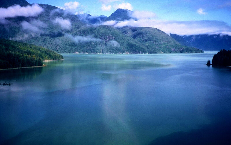 Mountain Lake Landscape — Blue, Serene, Morning, Photograph, Mountains, Forest, Clouds