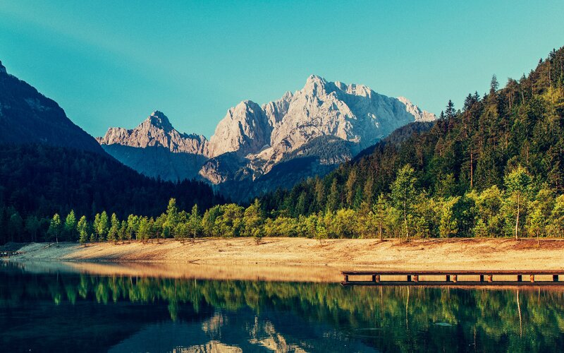 Mountain Lake Landscape — Blue, Serene, Morning, Photograph, Mountains, Forest, Dock