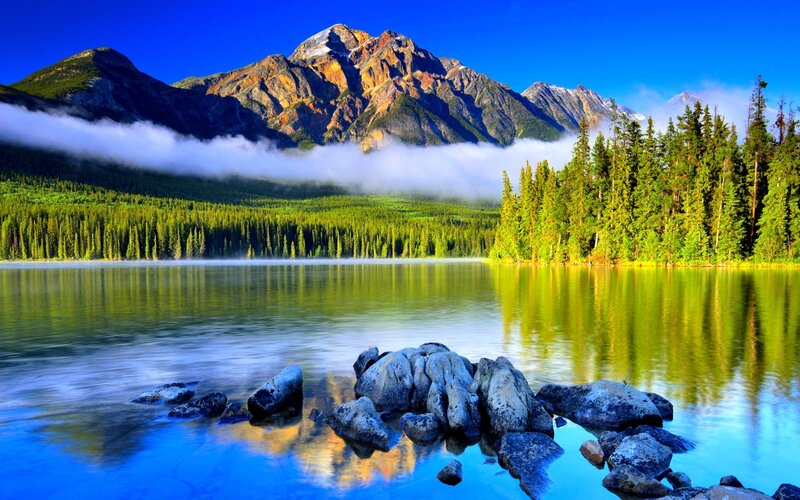 Mountain Lake Landscape — Blue, Serene, Morning, Photograph, Mountains, Forest
