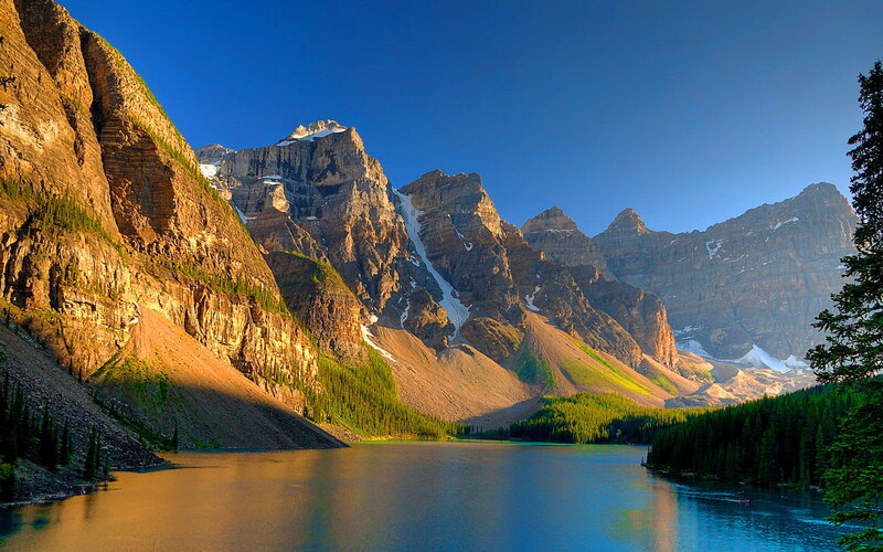 Mountain Lake Landscape — Blue, Serene, Morning, Photograph, Mountains, Forest, Trees