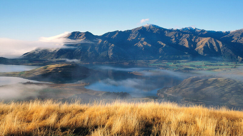 Mountain Lake Landscape — Blue, Serene, Morning, Photograph, Mountains, Grass