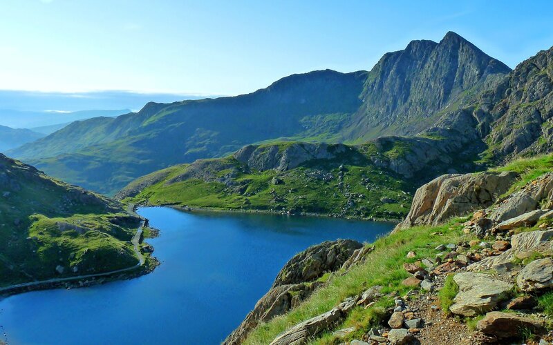 Mountain Lake Landscape — Blue, Serene, Morning, Photograph, Mountains, Path