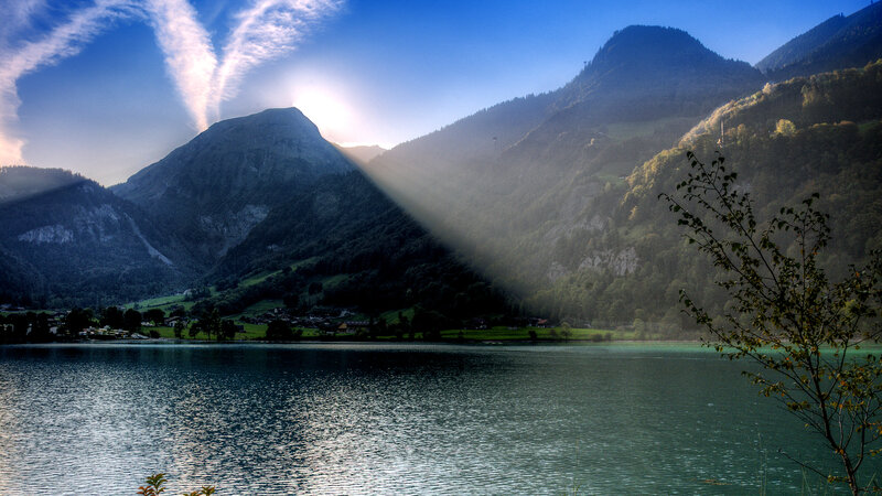 Mountain Lake Landscape — Blue, Serene, Morning, Photograph, Mountains, Sunlight
