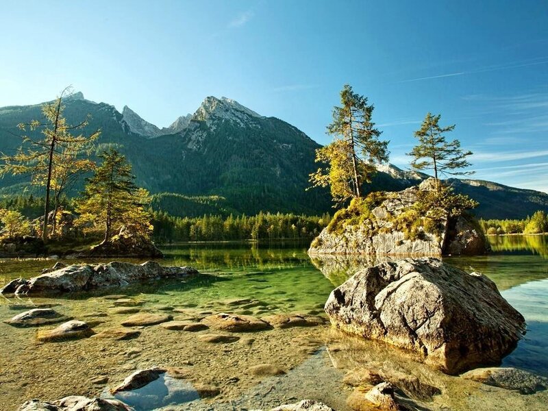 Mountain Lake Landscape — Blue, Serene, Morning, Photograph, Mountains