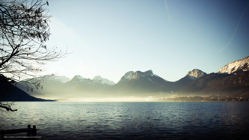 Mountain Lake Landscape — Blue, Serene, Morning, Photograph, Mountains, Tree Branches
