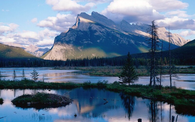 Mountain Lake Landscape — Blue, Serene, Morning, Photograph, Mountains, Trees, Clouds