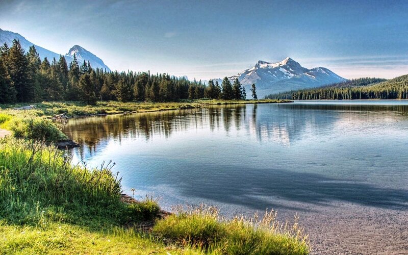 Mountain Lake Landscape — Blue, Serene, Morning, Photograph, Mountains, Trees, Forest
