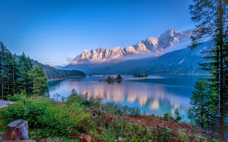 Mountain Lake Landscape — Blue, Serene, Morning, Photograph, Mountains, Trees, Islands