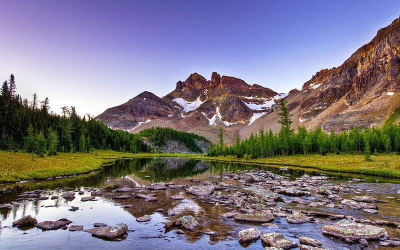 Mountain Lake Landscape — Blue, Serene, Morning, Photograph, Mountains, Trees, River