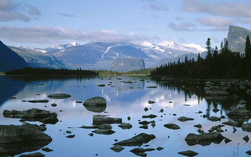 Mountain Lake Landscape — Blue, Serene, Morning, Photograph, Mountains, Trees