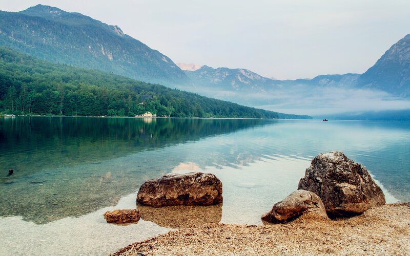 Mountain Lake Landscape — Blue, Serene, Morning, Photograph, Rocks