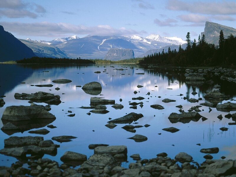 Mountain Lake Landscape — Blue, Serene, Morning, Photograph, Rocks, Trees