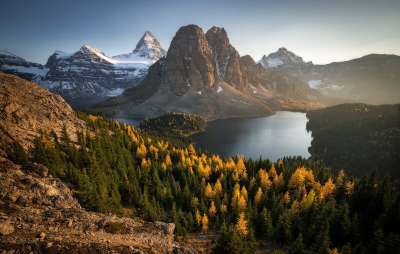 Mountain Lake Landscape — Blue, Serene, Morning, Photograph, Snow-capped Peaks
