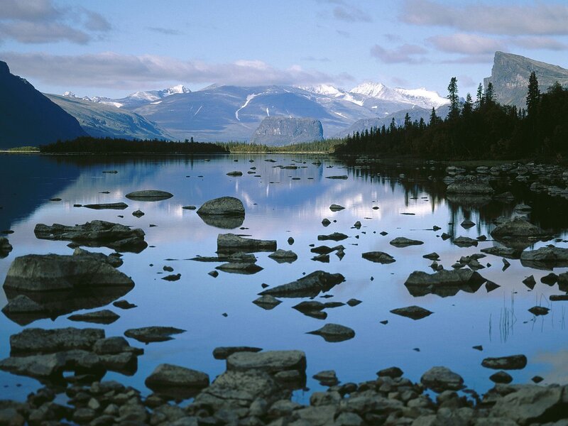 Mountain Lake Landscape — Blue, Serene, Morning, Photograph