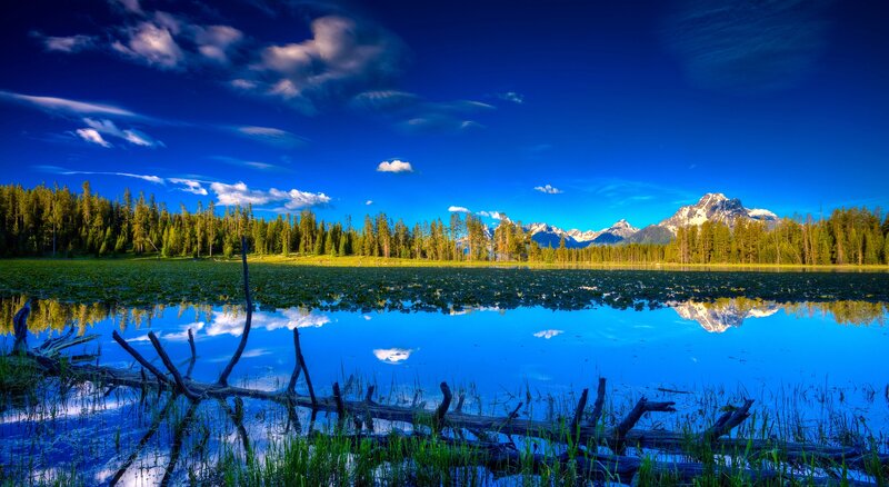 Mountain Lake Landscape — Blue, Serene, Morning, Photograph, Trees, Clouds