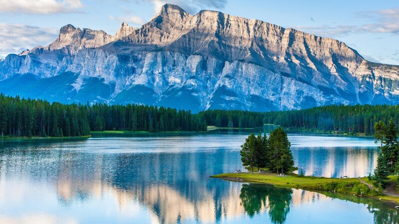 Mountain Lake Landscape — Blue, Serene, Morning, Photograph, Trees, Forest
