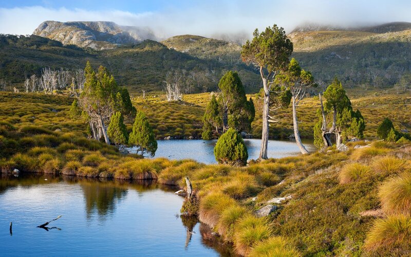 Mountain Lake Landscape — Blue, Serene, Morning, Photograph, Trees, Mountains, Grass