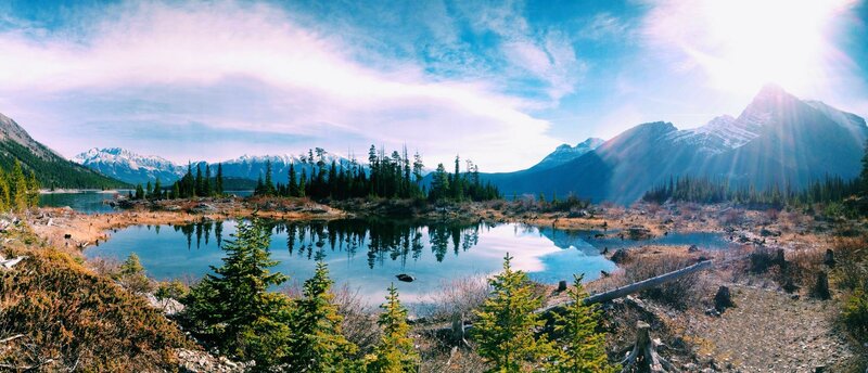 Mountain Lake Landscape — Blue, Serene, Morning, Photograph, Trees, Mountains