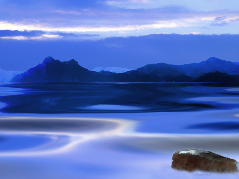 Mountain Lake Landscape — Blue, Serene, Night, Digital Art