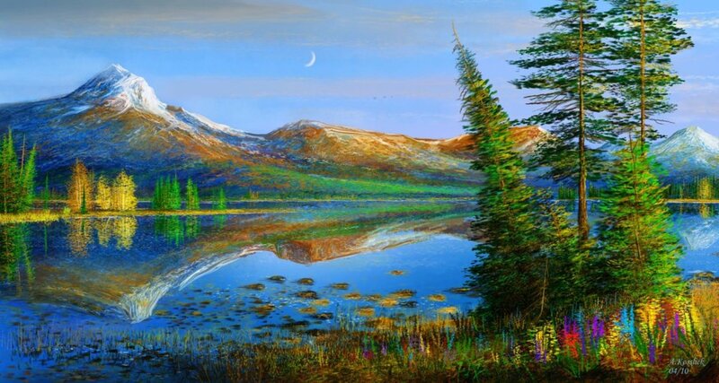 Mountain Lake Landscape — Blue, Serene, Night, Painting