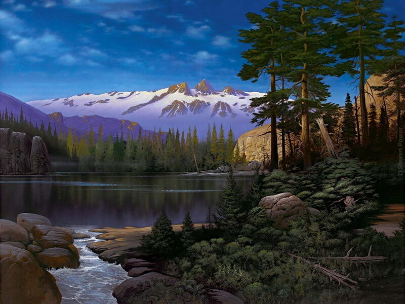 Mountain Lake Landscape — Blue, Serene, Night