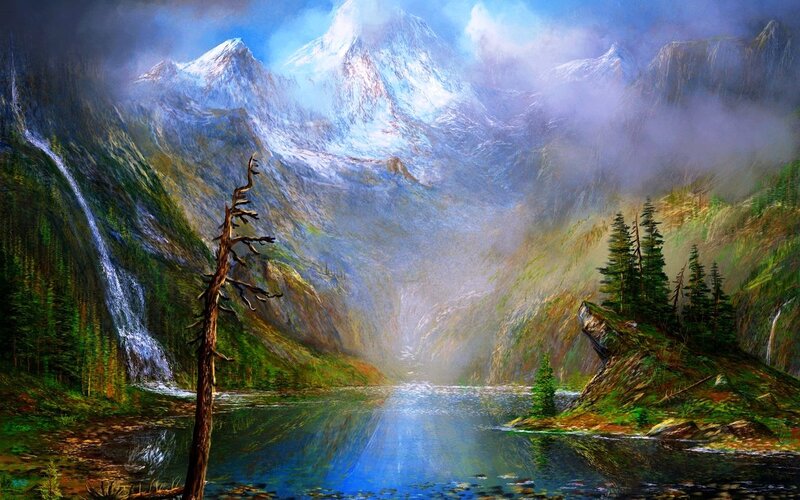 Mountain Lake Landscape — Blue, Serene, Painting
