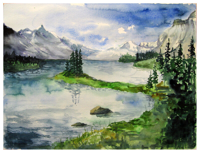 Mountain Lake Landscape — Blue, Serene, Painting, Trees