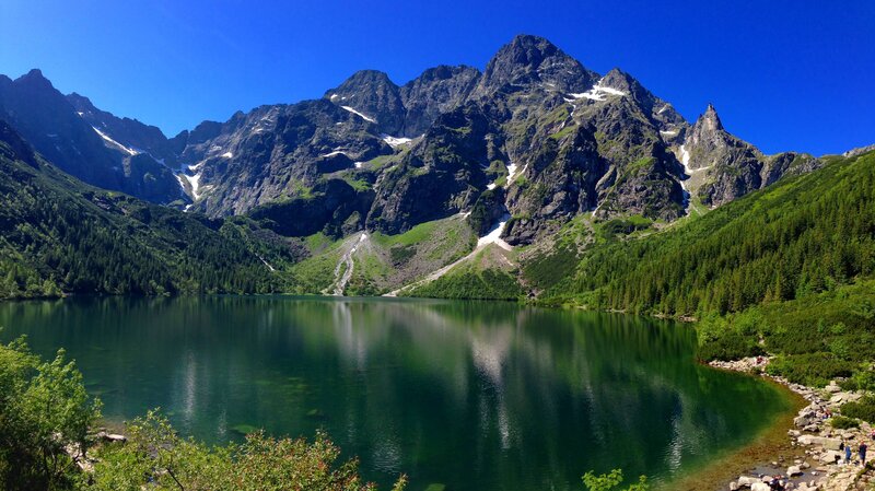 Mountain Lake Landscape — Blue, Serene, Summer, Photograph, Mountains, Forest, People