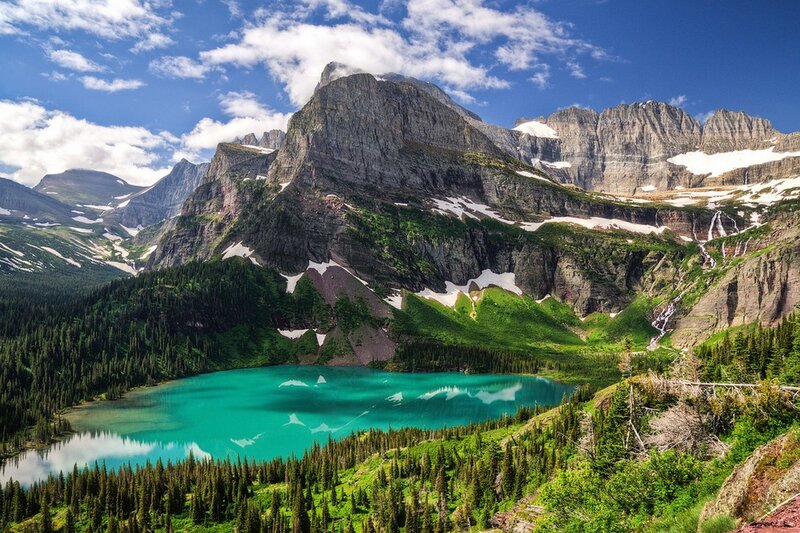Mountain Lake Landscape — Blue, Serene, Summer, Photograph, Mountains, Forest, Snow, Waterfall