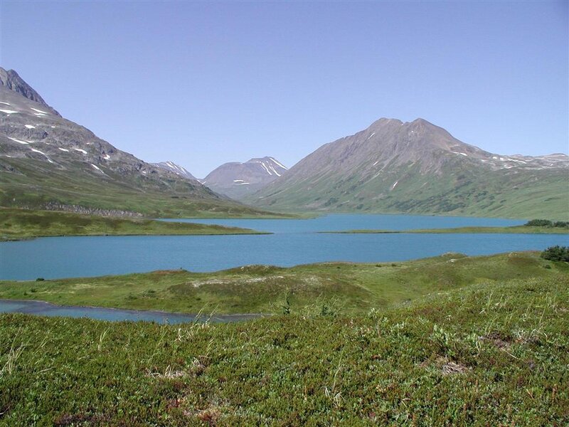 Mountain Lake Landscape — Blue, Serene, Summer, Photograph, Mountains, Grass