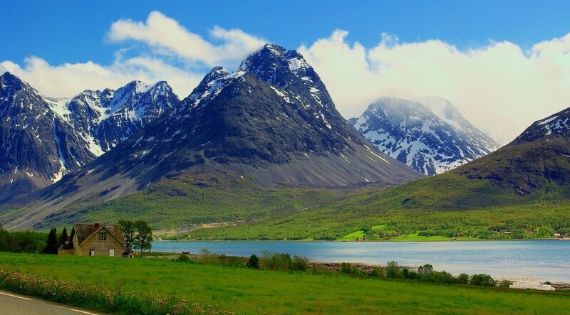 Mountain Lake Landscape — Blue, Serene, Summer, Photograph, Mountains, House