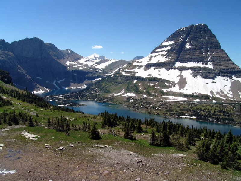 Mountain Lake Landscape — Blue, Serene, Summer, Photograph, Mountains, Snow, Green