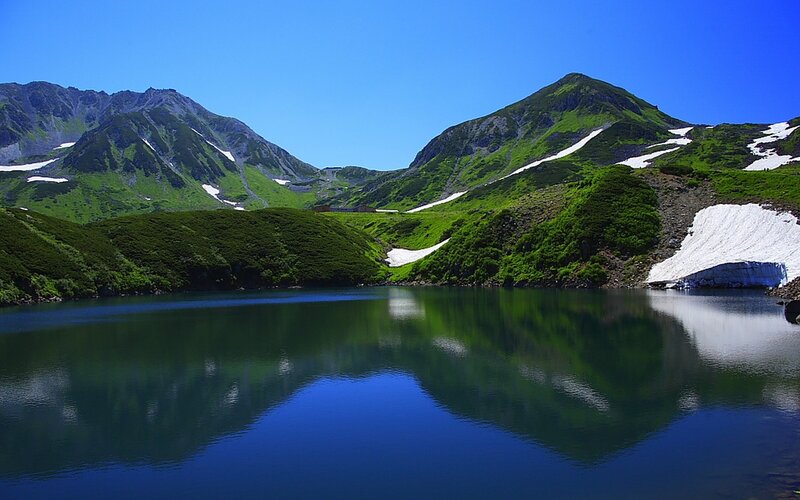 Mountain Lake Landscape — Blue, Serene, Summer, Photograph, Mountains, Snow Patches, Green Slopes