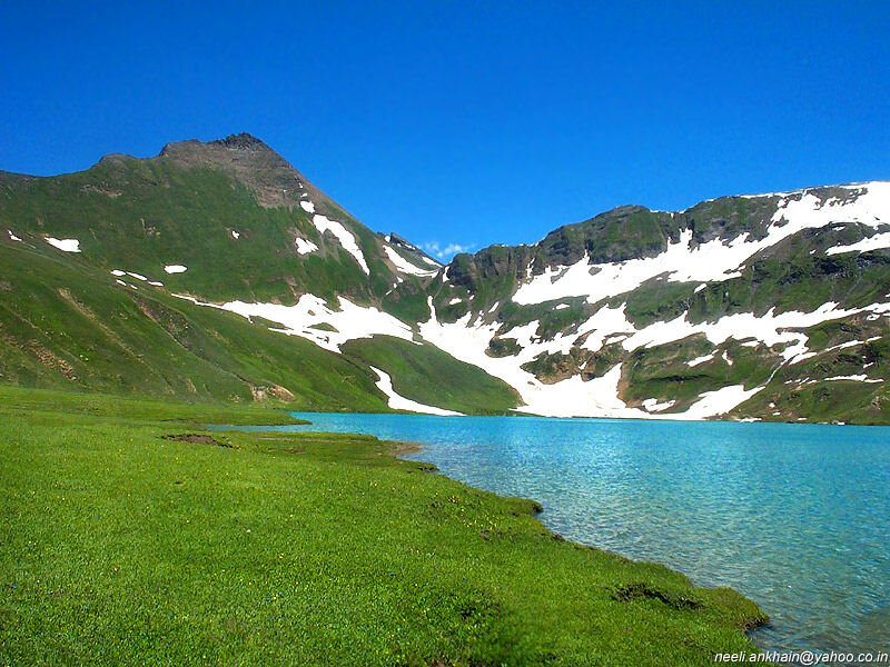 Mountain Lake Landscape — Blue, Serene, Summer, Photograph, Mountains, Snow