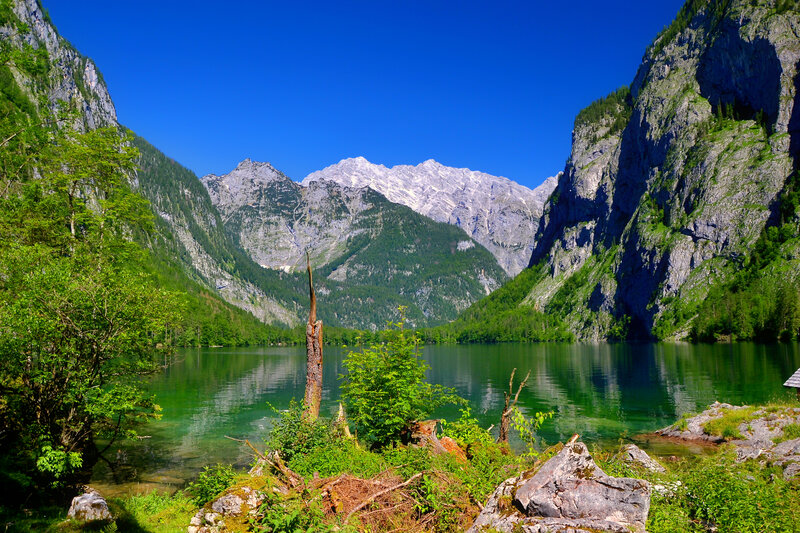 Mountain Lake Landscape — Blue, Serene, Summer, Photograph, Mountains, Trees, Rocks