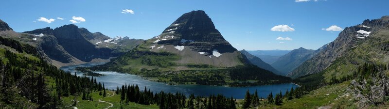 Mountain Lake Landscape — Blue, Serene, Summer, Photograph, Mountains, Trees, Sky