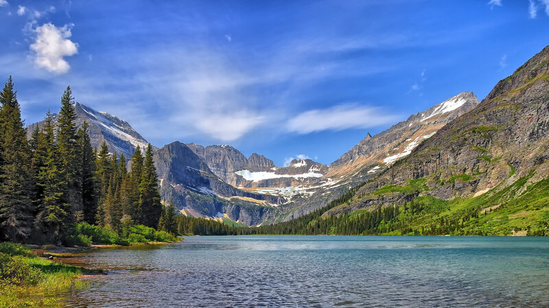 Mountain Lake Landscape — Blue, Serene, Summer, Photograph, Trees, Mountains, Sky