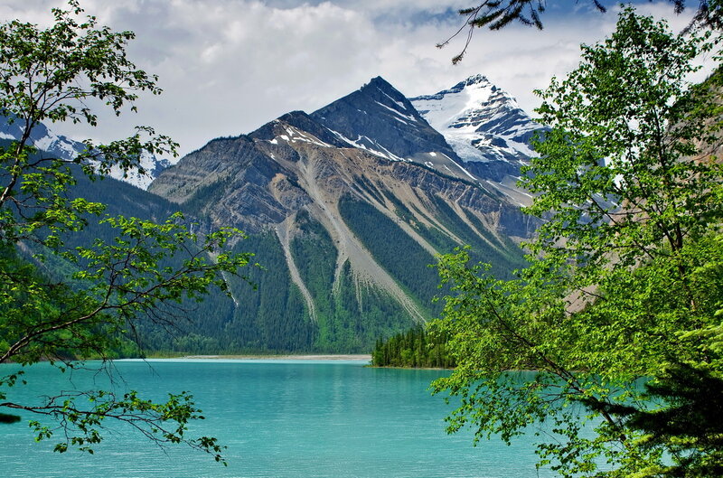 Mountain Lake Landscape — Blue, Serene, Summer, Photograph, Trees, Mountains, Snow