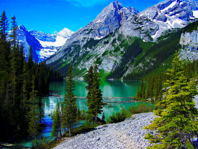 Mountain Lake Landscape — Blue, Serene, Summer, Photograph, Trees, Mountains
