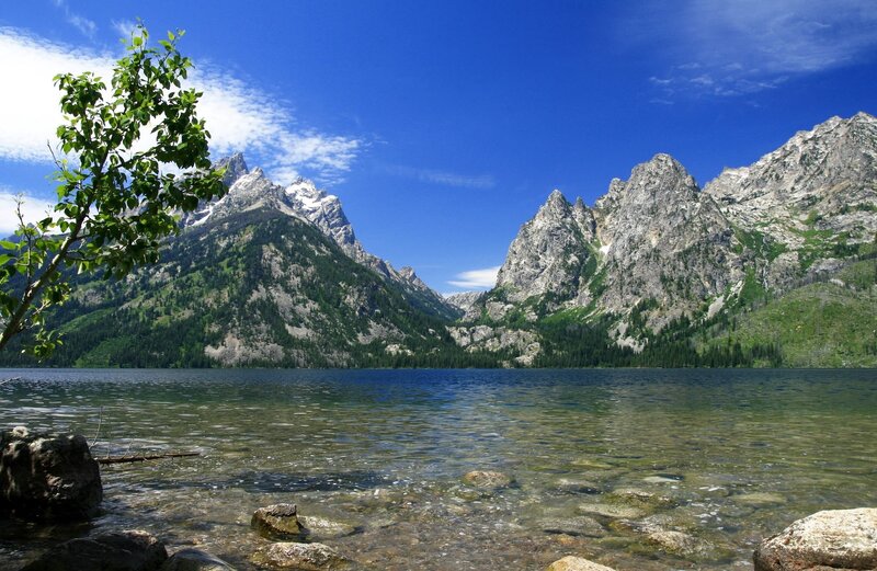 Mountain Lake Landscape — Blue, Serene, Summer, Photograph, Trees, Rocks, Mountains